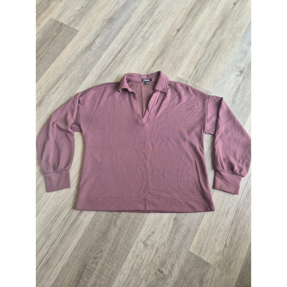 Express Womens Mauve Pink Long Sleeve V-Neck Polo Pullover Top Small